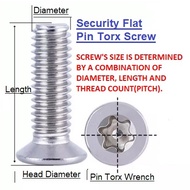 Flat Security Pin Torx Screw, Stainless Steel A2 (304) - M2-0.4P, M2.5-0.45P and M3-0.5P