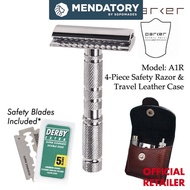 Parker A1R - 4 Piece Travel Safety Double Edge Razor with Leather Case
