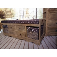 W7Solid Wood Storage Rattan Shoe Changing Stool Vintage Multi-Drawer Stool Shoe Wearing Stool Countr