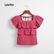 (trendy4) Lovito Casual Blouse Tiered Layer Tie Back Spring/summer Rose Red Blouse for Women L137ED8