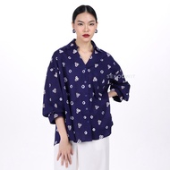 Jumputan Batik Top Lavender Long Bishop Sleeve Shirt Long Sleeve Sekouwit - Navy Blue