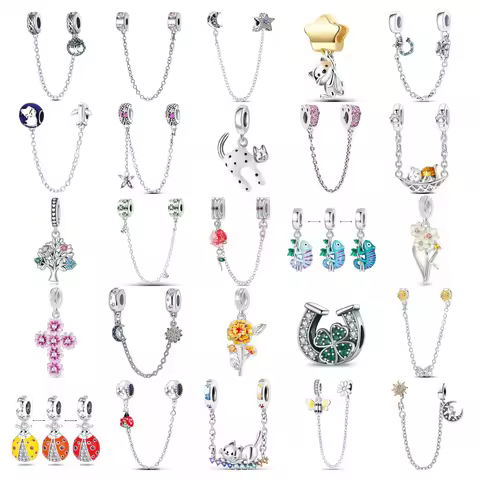 New 925 Silver Horseshoe Clover Star Cat Charm True eyes Pendant Safety Chain Bead Fit Original Brac