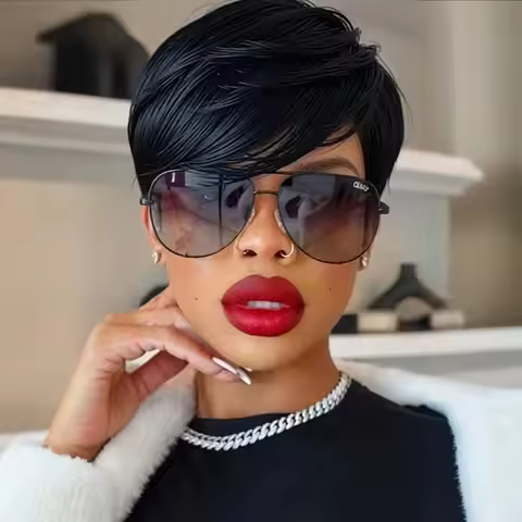 short straight pixie cut human hair wig 6inch machine made human hair wig black color 150% density h