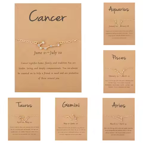 12 Constellation Bracelet Crystal Charm Chain Bracelets for Women Zodiac Sign Libra Aries Wish Card 