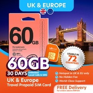 Hello1010 UK & Europe 72 Countries Three Travel Prepaid Plan 60GB (18GB Data outside UK)