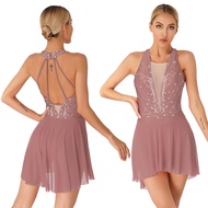 Womens Figure Ice Skating Dress Lyrical Dance Ballet Gymnastics Leotard Tutu Sleeveless Rhinestone S