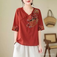 民族女绣花棉质衬衫上衣新复古宽松大码妈妈小衫Chinese Style Shirt Women Ethnic Retro Top