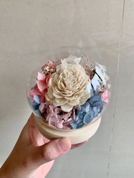 藍粉白永生花玻璃罩 玻璃盅 綺麗的未來 乾燥花