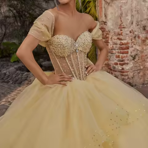 Shiny Yellow Quinceanera Dress off-shoulder Glitter Crystal Decal Layering Long tail Bow vestidos de