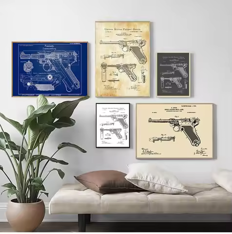 Gun Blueprint Luger Pistol Patent Chart Canvas Painting Posters And Prints Wall Pictures For Living 