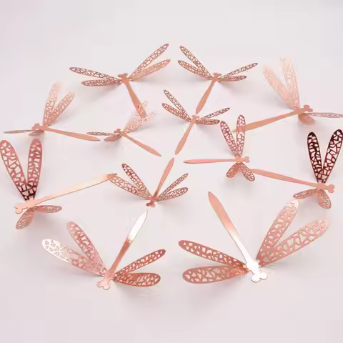 Silver Rosegold Home Decoration Gardening Ornament Wall Decals Hollow Dragonflies 3D Dragonfly Stick