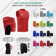 2in1 Singlet Dryfit Lekbong Sleeveless Shorts 2in1 Double Layer Sports Men Women