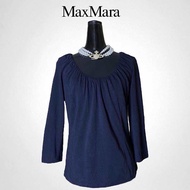 Max Mara เสื้อคอกลมแขนสี่ส่วนผ้าคอตตอลสีน้ำเงิน