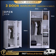 (2 Warna)180cmT / 3 Pintu Doors HangingLayers(Almari Putih Kabinet Kayu Pakaian Baju)Wooden Wardrobe Cabinet/Almari Baju
