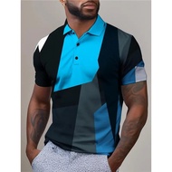 2025 Color Block Geometry Men's Fashion Casual Golf Polo Shirt Short Sleeve Turndown Polo ShirtsSumm