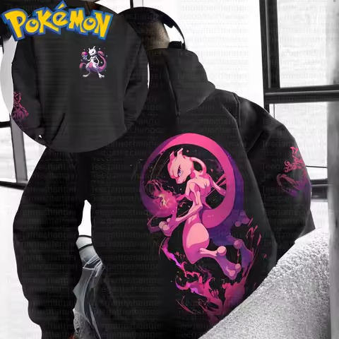 Pokemon Anime Mewtwo Cotton Hoodie Pants Set Black Character Print Two Piece Outfit Casual Streetwea