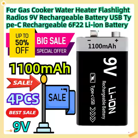 For Gas Cooker Water Heater Flashlight Radios 9V Rechargeable Battery 1100mAh USB Type-C Rechargeabl