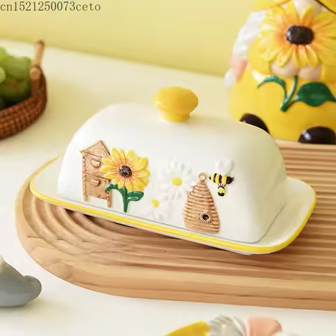 Ceramic Butter Dish Dessert Dish Snack Cake Plate Dishes Creative Bee Sunflower Butter Plate Home De