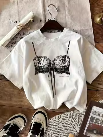 Camiseta blanca informal de manga corta con estampado de lencería blanca para mujerropa estética inf