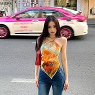 Misa Aesthetic Print Bandage Wrap Top Women Boho Tie Dye Sleeveless Sling Vest Pleated Beaded Halter