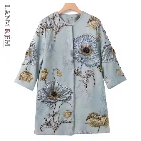 LANMREM Elegant Concealed Button Loose Straight-cut Autumn New Women's Trench Coat Hand-beaded Embos