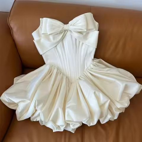 Ivory Satin Short Prom Dress Bowknot Sweerheart Style Above Knee Mini Evening Gowns Women Cocktail P