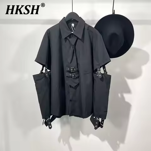 HKSH Men's Punk Darkwear High Street Nihce Design Shirts Sleeve Detachable Necktie Casual Tops Summe