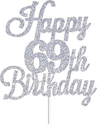 Happy 69th Birthday Cake Toppers Sliver Glitter, Cheers to 69 Years Old Bday Decoration 69th Anniver