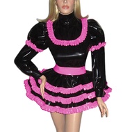 Mens Male Lockable Sissy French Miad Dress PVC A line Lolita Dress Long Lantern Gay Sissy Dress Cosp