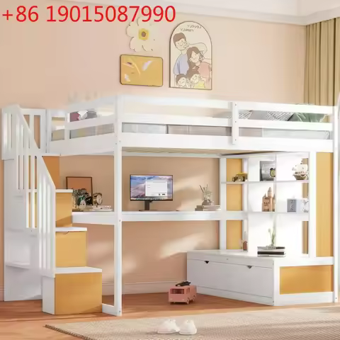 Full Loft Bed with Stairs & Desk,Wood Loft Bed Full with Storage Shelves & 2 Drawers,Full Loft Bed F
