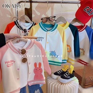 OKADY เสื้อสเวตเตอร์ถักแขนยาวสำหรับเด็ก,Jaket Baseball ผ้าฟลีซลายการ์ตูนน่ารักสำหรับเด็กชายและเด็กหญิง