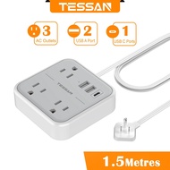 TESSAN ปลั๊กไฟ ยไฟ ปลั๊ก 3 ตา การป้องกันไฟกระชาก Power Strip Extension Cord USB Type C ปลั้กไฟมาตรฐา