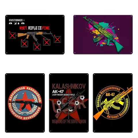 Soviet Kalashnikov Ak-47 Metal Signs Club Party Mural Wall Decor Vintage Ussr Weapon Retro Cccp Tin 