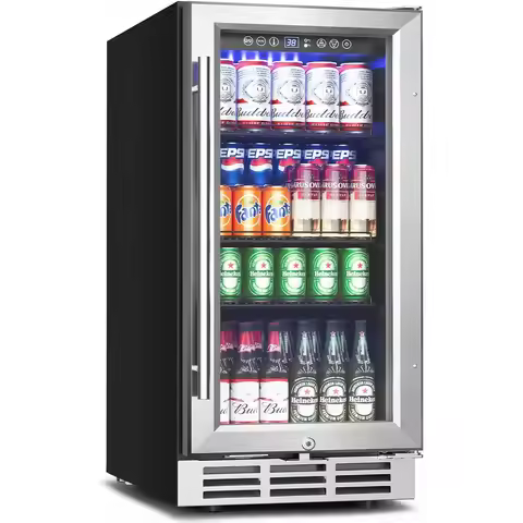 126-Can Drink Fridge - 15" Under Counter Glass Door Beverage Center