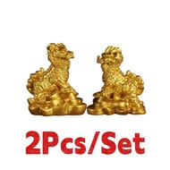 Bisa COD Sepasang Patung Kilin Qi lin Emas Dekorasi Feng shui Cilin Patung Keberuntungan Miniatur 2P