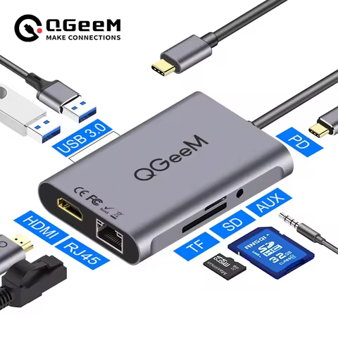 QGeeM 8 In 1 USB C Hub for Macbook Pro USB Hub 3.0 Adapter PD HDMI RJ45 TF SD 3.5mm Aux Type C Hub f