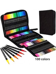 100色雙頭水彩筆袋套裝鉤線塗鴉畫筆軟頭刷墨水筆水性筆