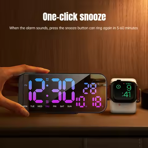RGB Color Changing Digital LED Alarm Clock Mirror Screen Table Clock Wall/Desktop USB Snooze Clock W