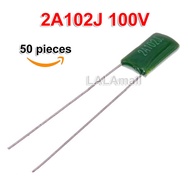50pcs 2A102J 2A103J 2A104J 100V Polyester Film Capacitor 1nF 10nF 100nF 0.001uF 0.01uF 0.1uF 2A 102J