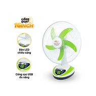 Quạt Tích Điện AC&DC Honjianda HJD-FL316 Có Đèn LED - Hàng Chính Hãng