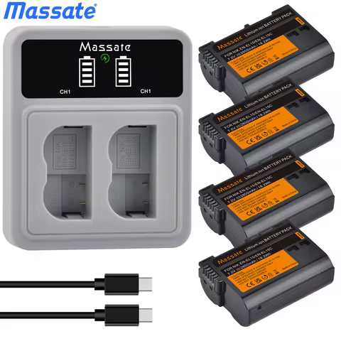Massate EN-EL15C EN-EL15 Battery + USB Dual Charger for Nikon D750 D810 D500 D600 D7100 D7500 Z8 ZR 