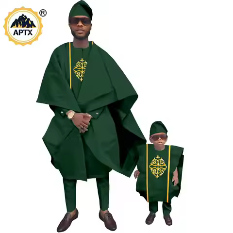 African Men Clothes Dashiki Family Outfits Father and Son 3 Pieces Agbada Hat Robe Top and Pant Sets