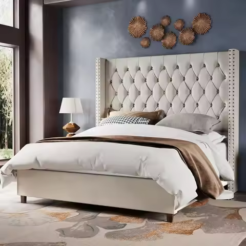 Velvet Upholstered Bed Frame King Size 61.4" Tall Headboard King Bed Frame