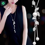 1F Fashion charm Elegant 925 Sterling Silver Crystal rhinestone leaf long necklace