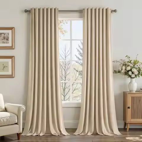 Beige Cream Velvet Blackout Curtains 84 Inches Long, Ivory Room Darkening Thermal Insulated Soundpro
