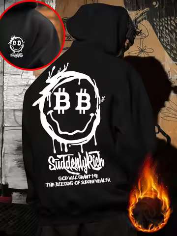 Men Soft Fleece Hoodie Bitcoin Drip Smile Suddenly Rich Chest Back Dual Print Crypto Graphic Oversiz