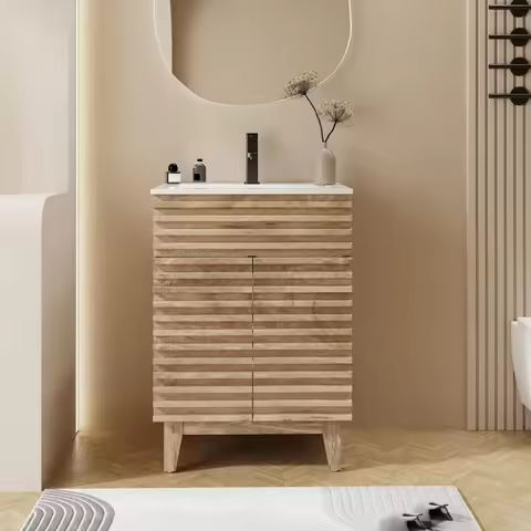 24" Bathroom Vanity with Sink Combo Mid-Century Freestanding Cabinet with Wood Stripes Decor, Adjust