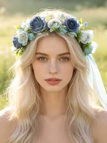 Forest-Style Blue Rose Artificial Flower Wreath Hair Accessory Forest-Style Bohemian Style Adjustabl
