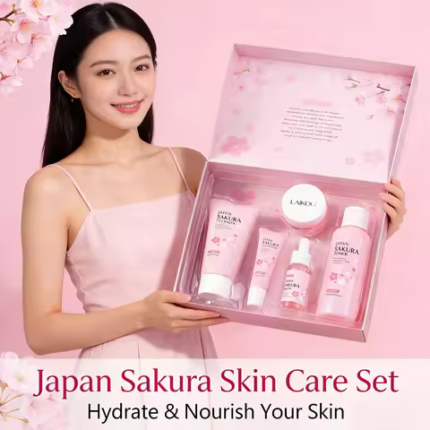Laikou Japan Sakura Skincare Set 5 Pcs Hydrating Brightening Facial Kit with Cleanser Toner Serum Ey