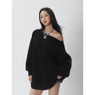 Laid-back สไตล์อเมริกัน แขนยาวไหล่เฉียง เสื้อฮู้ด ผู้หญิง แฟชั่น ดีไซน์ Unique หลวม Fit Baring Shoul